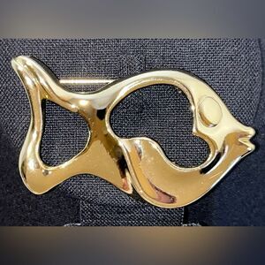 Vintage Gold Tone Open Metal Work Fish Brooch pin modernist large 3" x 2"